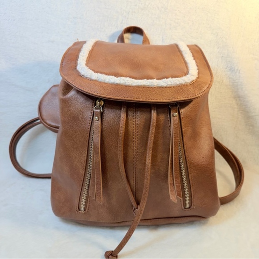 Under One Sky Brown Vegan Leather BOHO‎ Backpack Sherpa Trim Matching Coin Purse